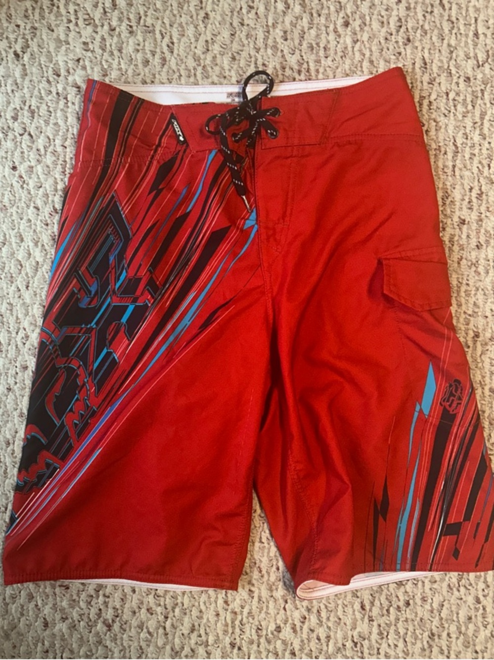 Fox Red Swim Board Shorts with Blue and Black Graphic Size 28 unisex